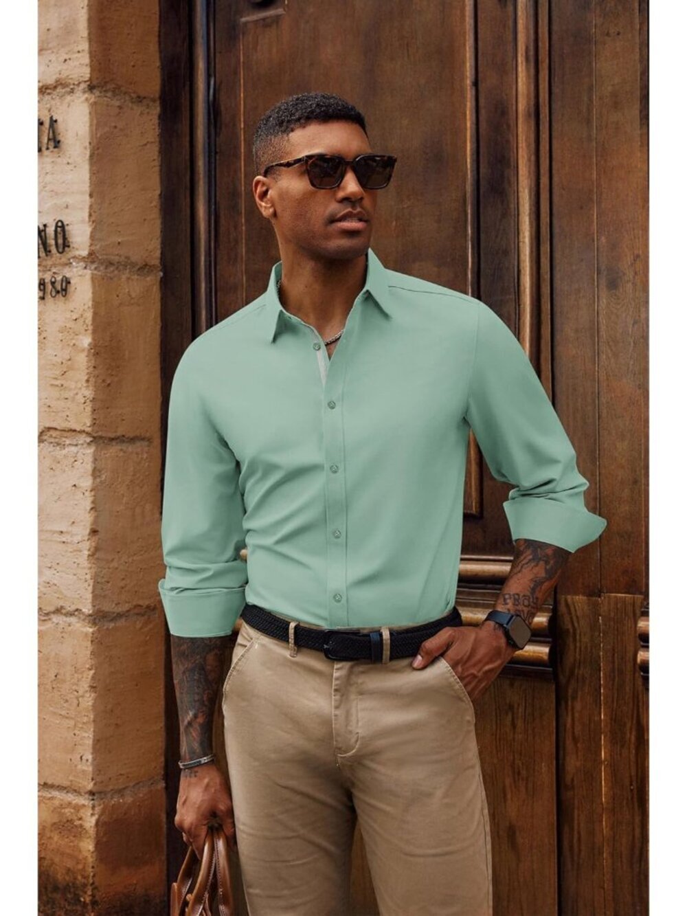 Men's Green Dress Shirt Wrinkle Free Stretch Button Down Casual Slim Fit - Picture 2 of 6